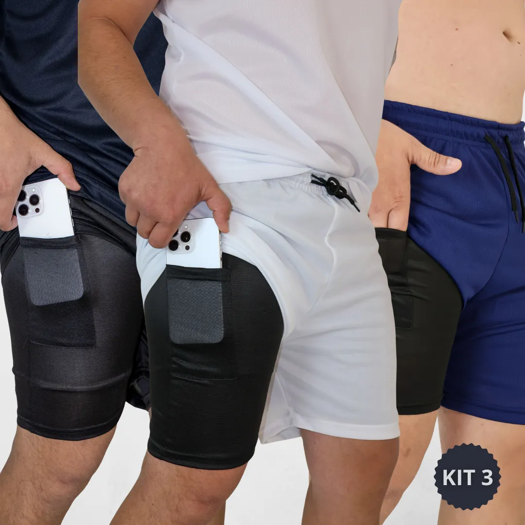 Kit 3 Bermudas 2 Em 1 Masculino Corrida Academia Treino   -   R$ 92,90