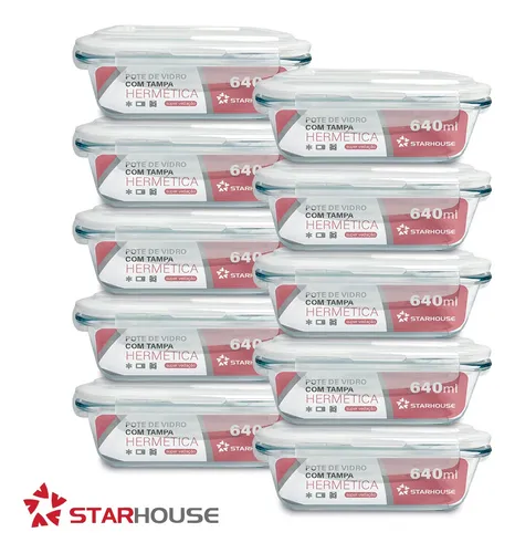 Kit 10 Potes Vidro 640ml Hermético Marmita Forno Refratário Star House.  -   R$ 134,53