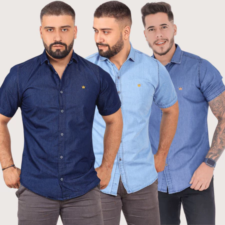 Camisa Jeans Azul Masculina Manga Curta Social Botões SlimFit Luxo Social Casual   -   49,90