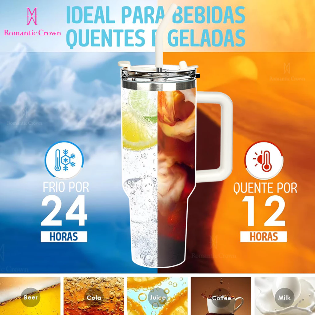 ROMANTIC CROWN Copo Térmico Inox Portátil 1200ml/1.2L Garrafa Térmica Inoxidável com Tampa e Canudo   -   R$39,98
