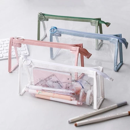 Estojo de lápis transparente em PVC Estojo de lápis transparente para estudantes Saco de papelaria simples com zíper de grande  - 12,19