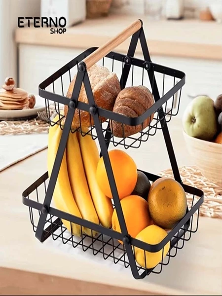 Fruteira de Mesa Premium Cesta Frutas Mesa 33cm Altura Aramado 2 Andares Organizador Cesto-geométrico - 24,95