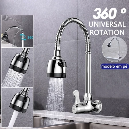 Inox Prata Torneira Com Chuveiro Com Rotação De 360° Cozinha Luxo Parede Promoção  -  24,99