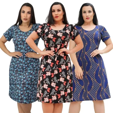 Kit com 3 Vestidos Liganete Feminino Estampados Moda Evangélica Soltinho  -  38,90